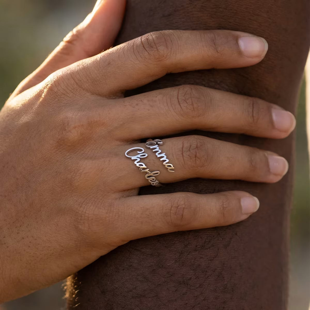 Two Names Custom Ring stacked with other waterproof gold rings