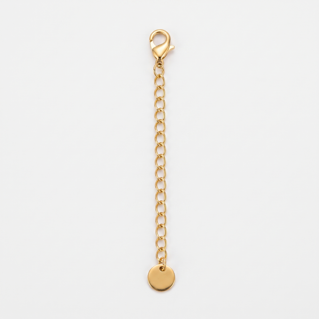 Two inch gold chain extender with lobster clasp and round tag