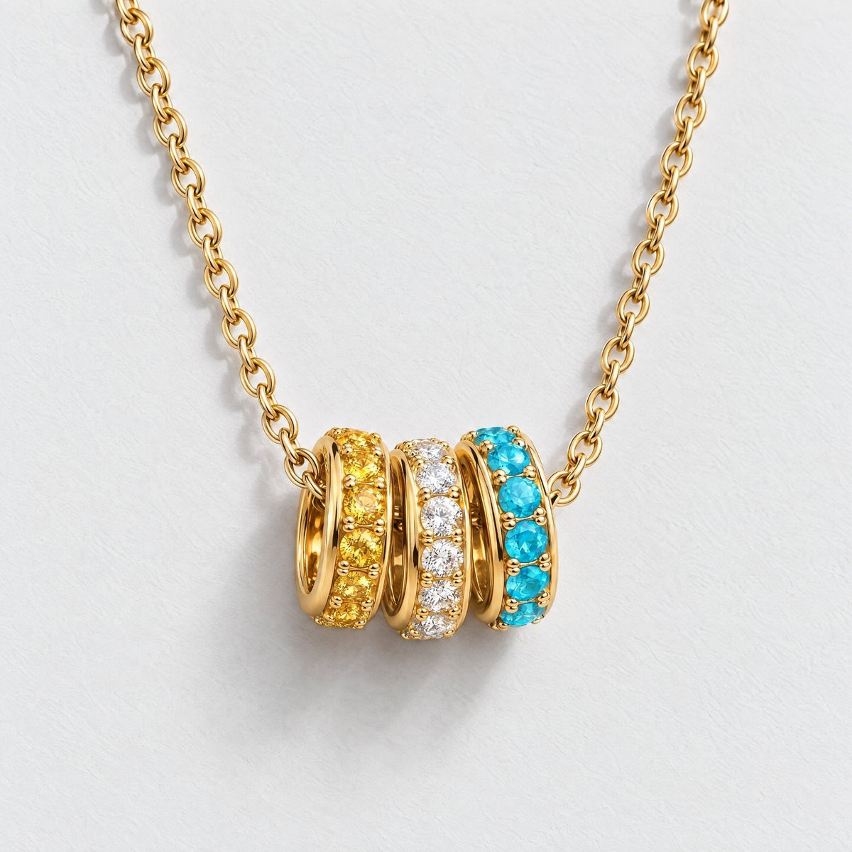 Pavé Ring Charms Custom Birthstone Necklace - Gold | Monrich